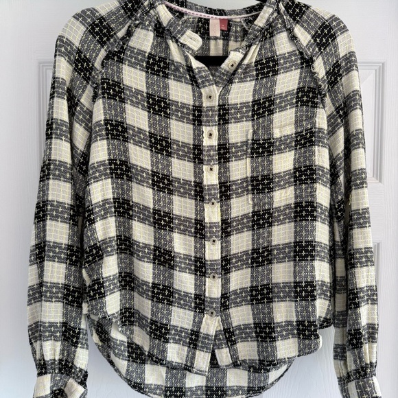 PILCRO Plaid Button Front Blouse Black Cream Lightweight Top Small Anthropologie - Picture 2 of 12